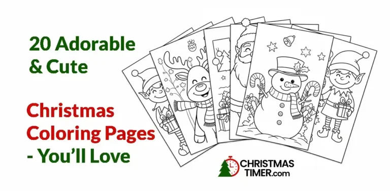 A collection of cute Christmas coloring pages for kids featuring Santa, snowmen, gifts, and holiday trees in black-and-white outline style.