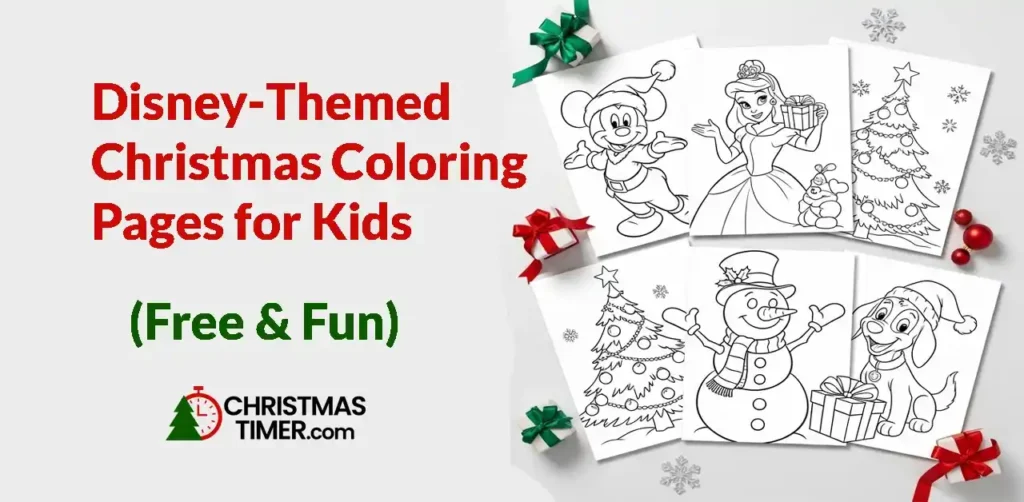 Disney Christmas coloring pages featuring Mickey Mouse, Bluey, and Hello Kitty in festive holiday scenes, ready to print and color.